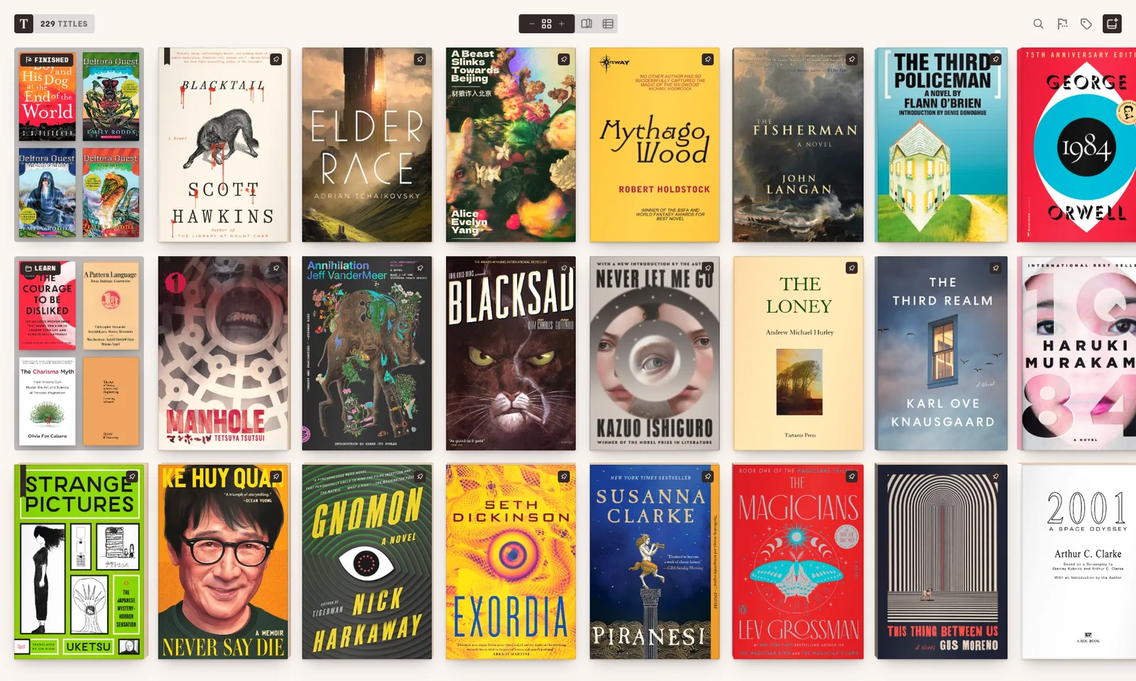 Tomen’s shelf in the Light theme with the Mono accent: 229 titles as their real covers, the finished ones and a collection each stacked into one tile, pins on many.